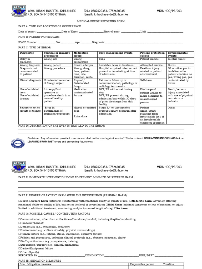 Medical Error Reporting Form | PDF | Medical Diagnosis | Patient