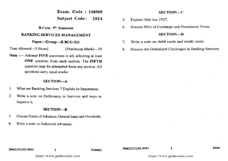 Bcom 5 Sem Banking Services Management 2024 2021 | PDF