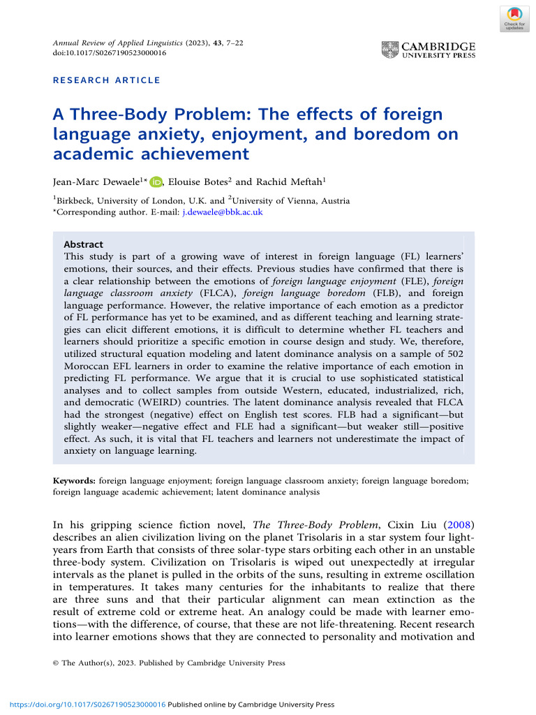Dewaele A Three Body Problem The Effects of Foreign Language Anxiety ...
