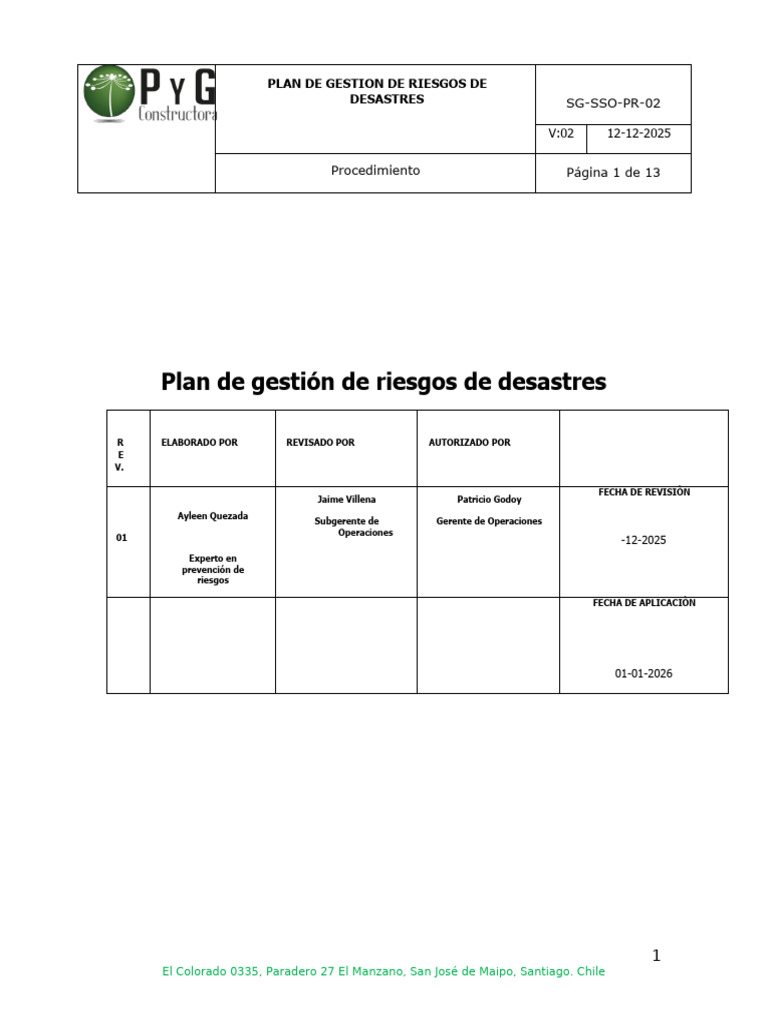 SG-SSO-PR-02 Plan de Gestión de Riesgos de Desastres | PDF