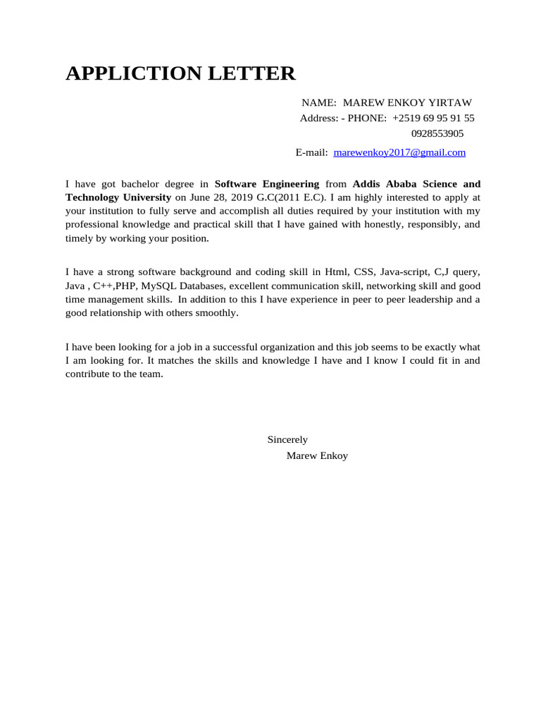 Software Engineer Application Letter | PDF | Computing | Learning