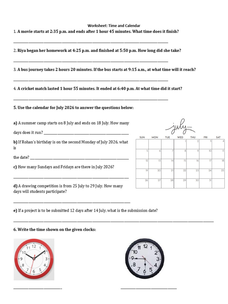 Class3 Calendar Time Worksheet | PDF