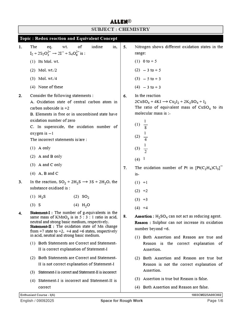 0909 - Redox and Equivalent Concept - RS 01 - SC | PDF | Redox | Chlorine