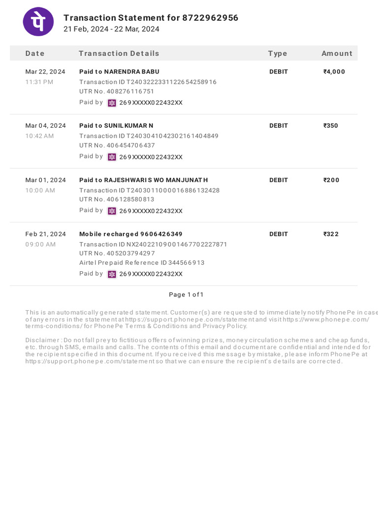 Transaction Statement Summary 8722962956 | PDF