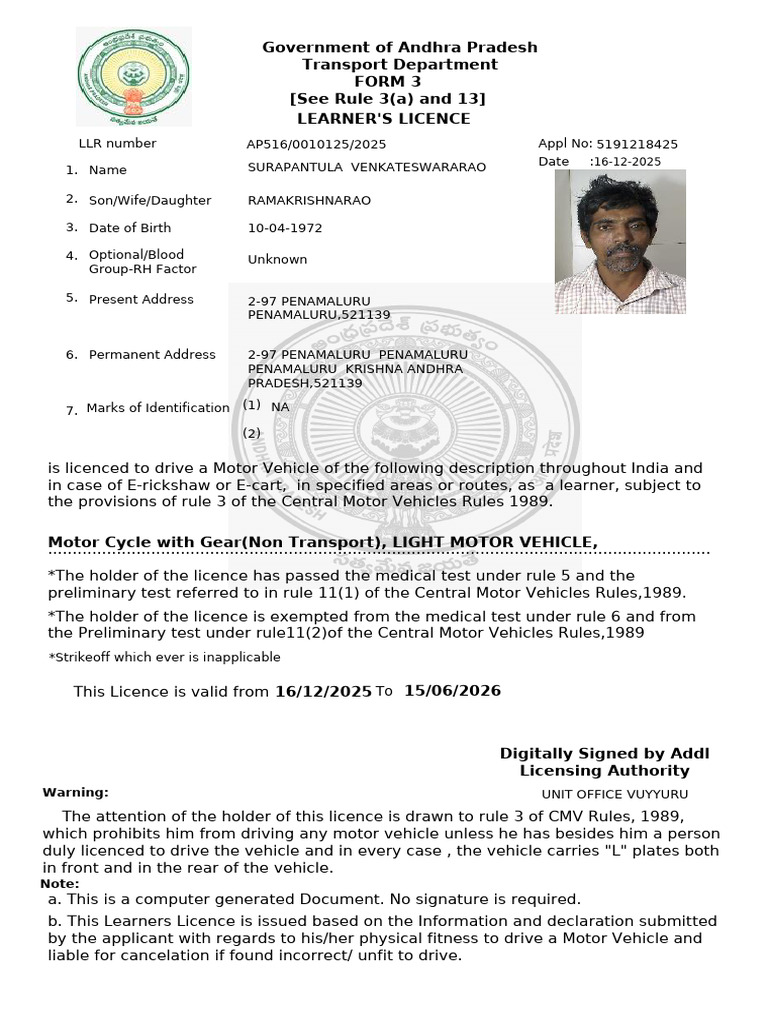 Andhra Pradesh Learner's Licence Form | PDF | Vehicles | Driving