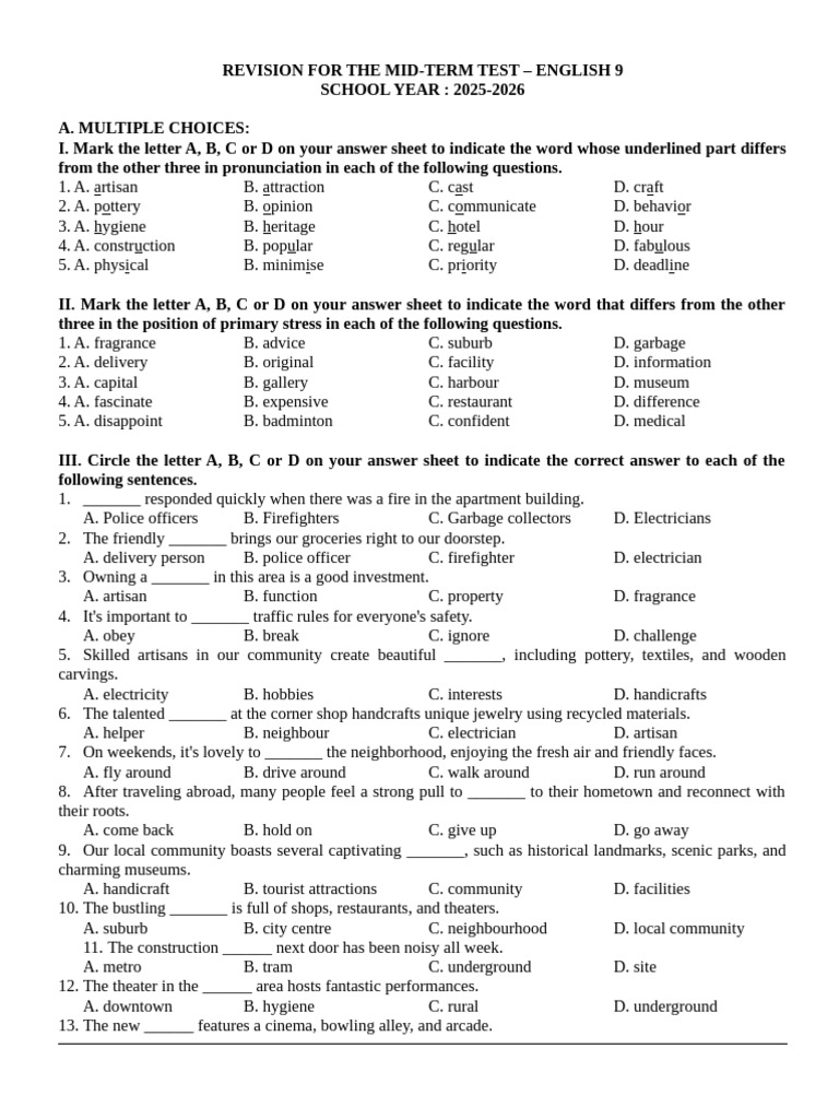 English 9 Mid-Term Test Revision Guide | PDF | Cost Of Living