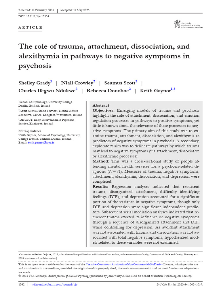 The Role of Trauma, Attachment, Dissociation, and Alexithymia in ...