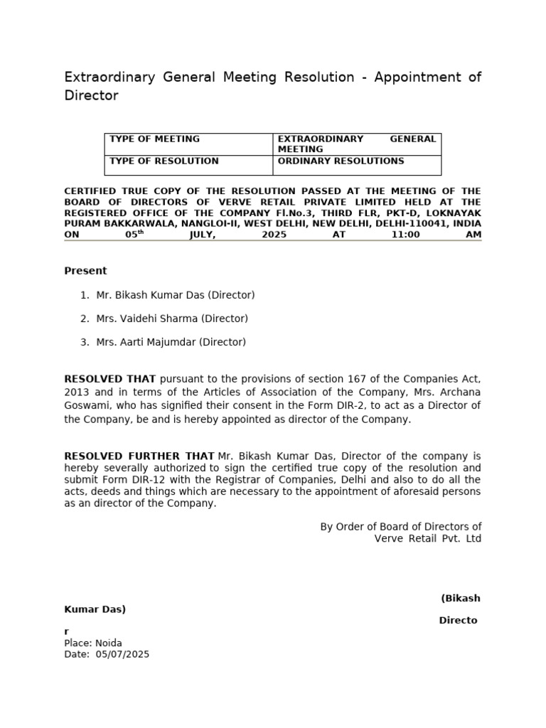 Board Resolution Appiontment - EGM | PDF