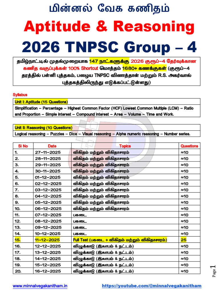 2026 TNPSC Group - 4 Aptitude & Reasoning 147 Days Study Plan | PDF