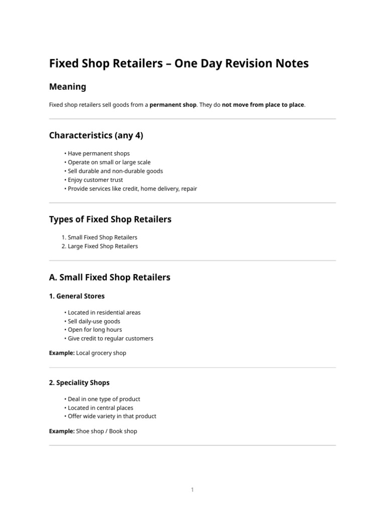 Fixed Shop Retailers – One Day Revision Notes | PDF | Retail | Customer