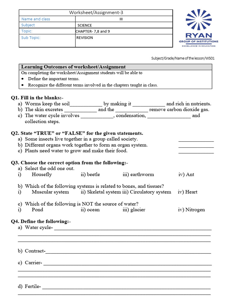 Science - Class-3-, Ws-3,Chapter-7,8 and 9 on 11.11.25 | PDF