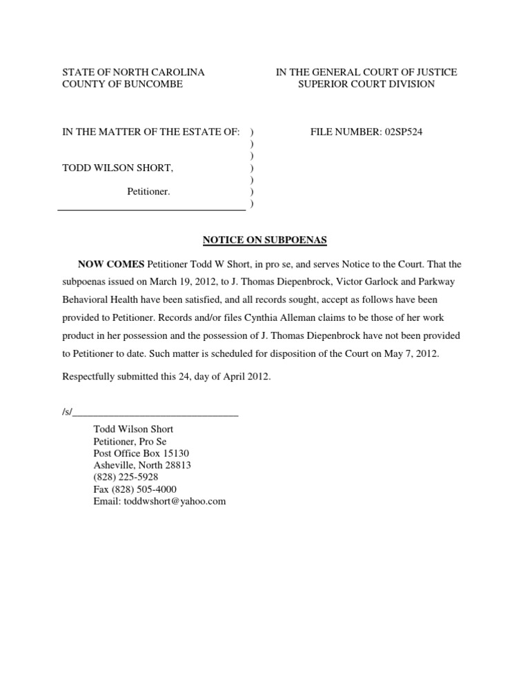 Notice on Subpoenas in Estate Case | PDF | Social Science