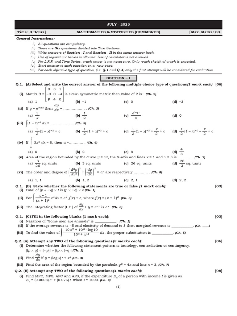 Commerce Mathematics: July 2025 1: General Instructions: Six Two ...