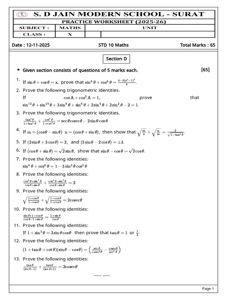 Trigonometric Identities Practice for Std 10 | PDF | Trigonometry ...