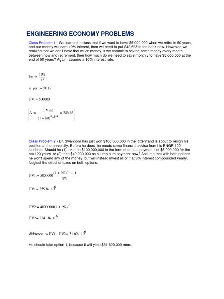 Engineering Economy Class Problems | PDF | Refinancing | Interest