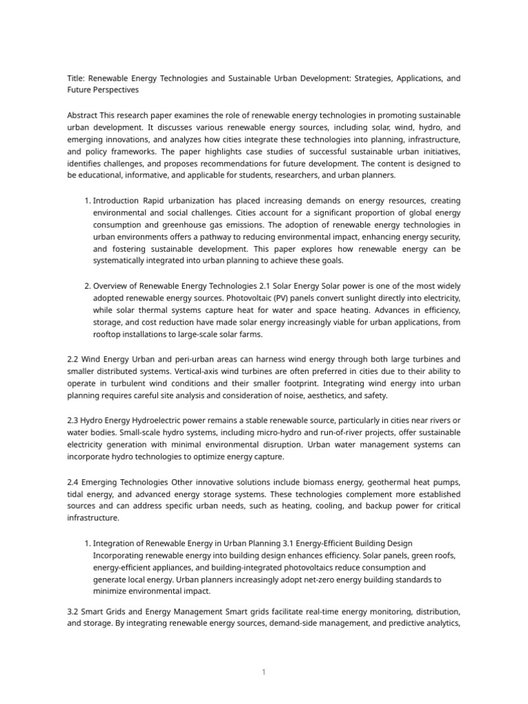 Research Paper — Renewable Energy Technologies and Sustainable Urban ...