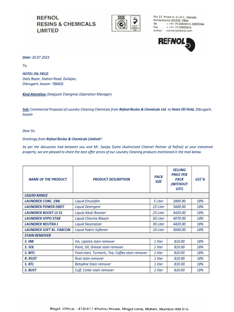 Commercial Proposal of Laundry Cleaning Chemicals for Hotel Oil Field ...