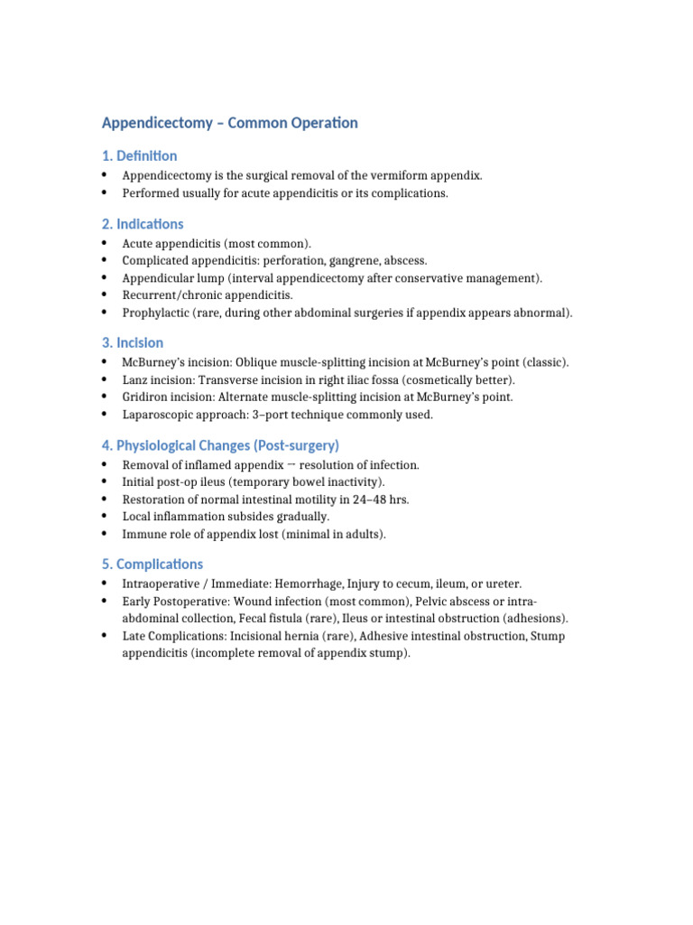 Appendicectomy: Procedure and Complications | PDF