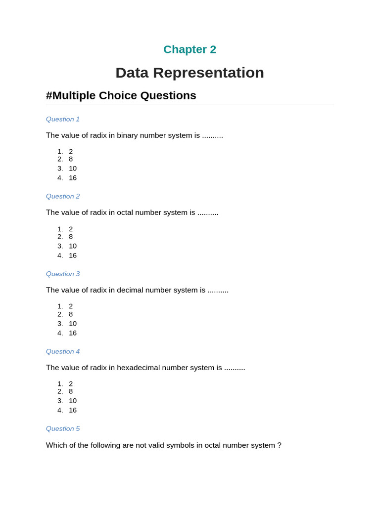 Data Representation MCQs and Conversions | PDF | Arithmetic | Encodings