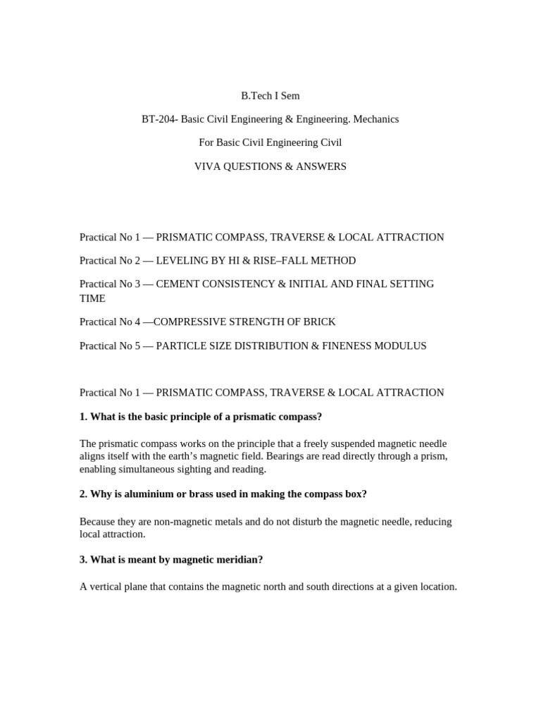 Civil Engineering Practical VIVA Guide | PDF | Compass | Surveying
