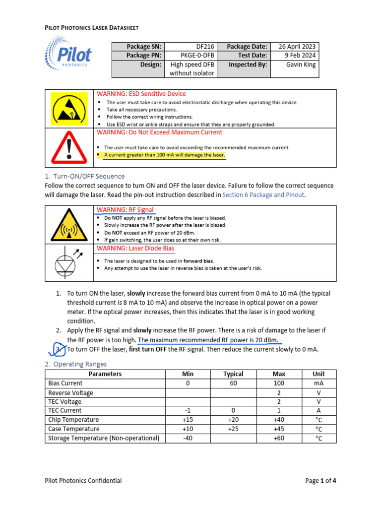 Pilot Photonics Laser Specifications | PDF | Laser | Decibel