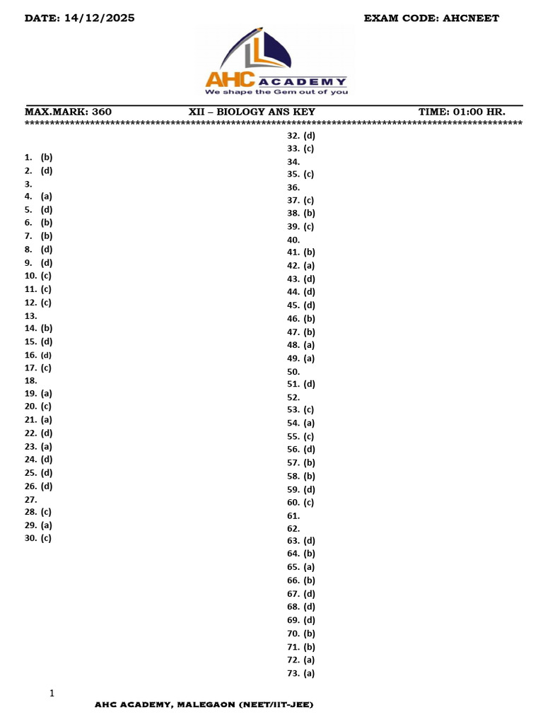 Xii - Neet (Bio) Ans Key 14-12-2025 | PDF | Plant Reproduction ...