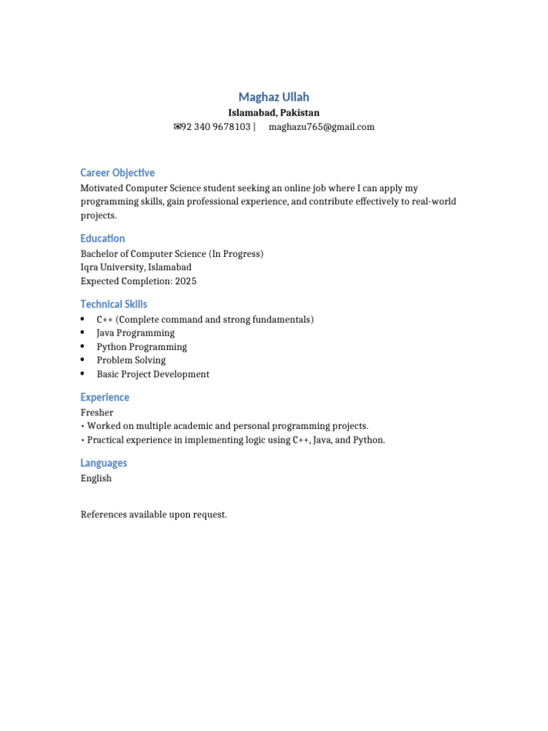 Computer Science Student Resume | PDF