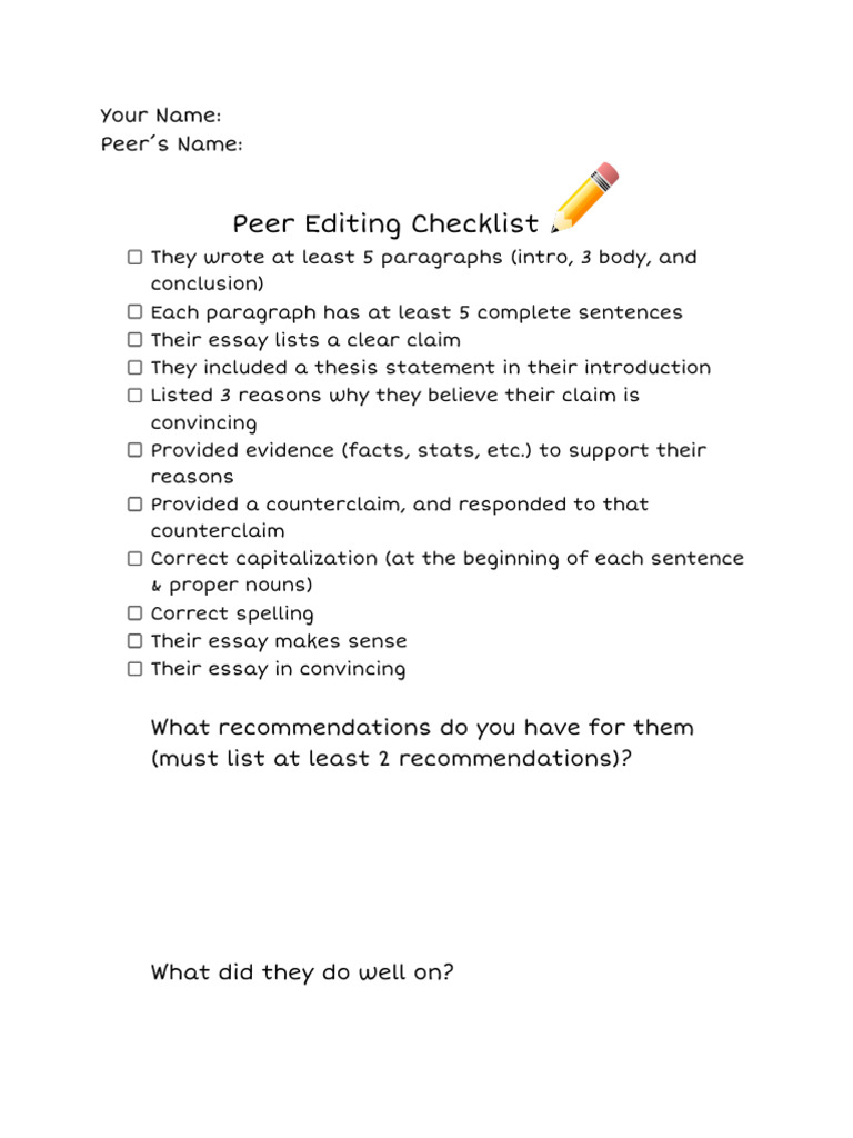 Peer Editing Checklist: Your Name: Peer S Name | PDF