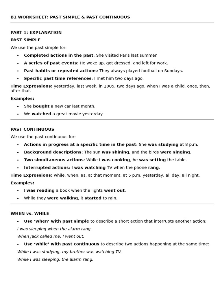 Past Simple & Continuous Worksheet | PDF