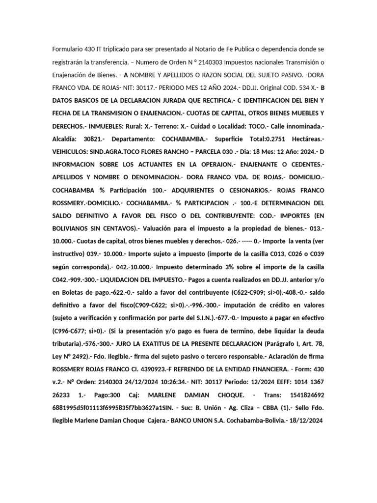 Formulario 430 IT para Notaría en Bolivia | PDF | Servicios financieros ...