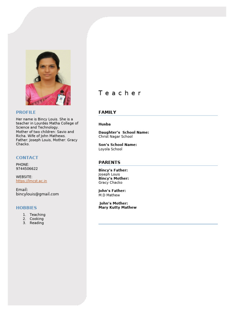 Bincy's Profile | PDF