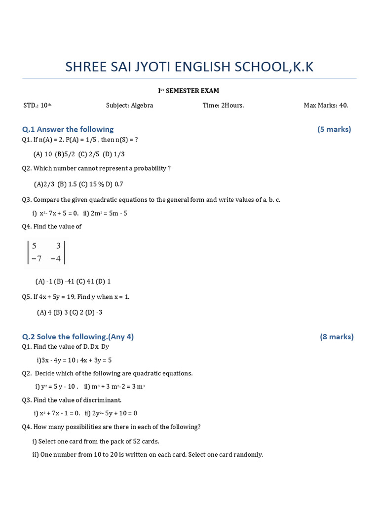 10th Grade Algebra Exam Paper | PDF | Mathematical Concepts | Probability