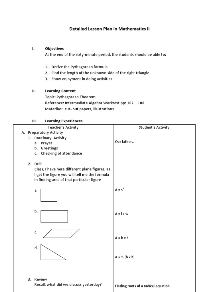 Pythagorean Theorem Lesson Plan | PDF | Elementary Geometry | Euclidean ...