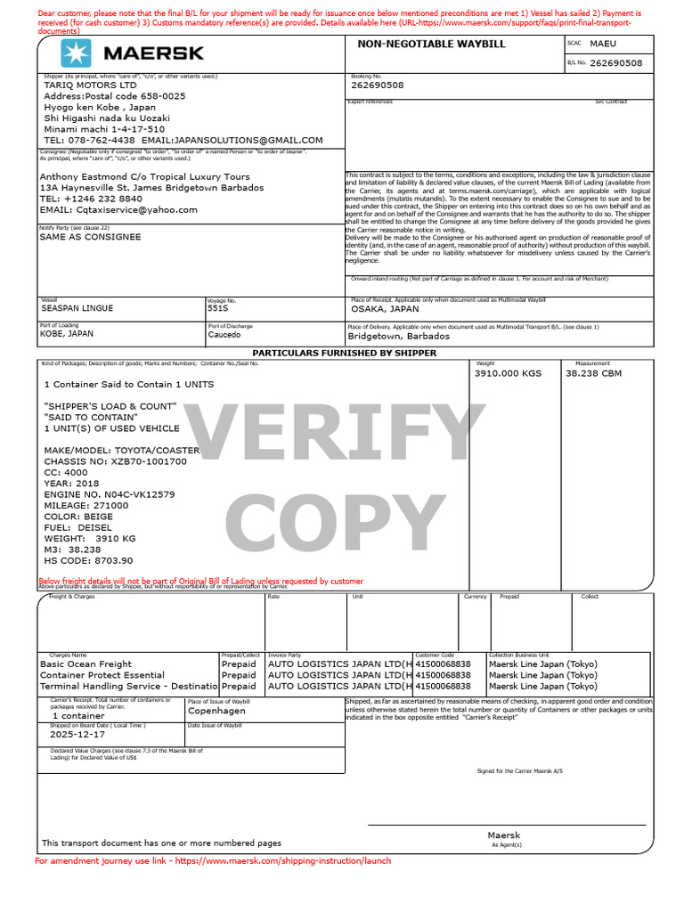 BL - XZB70-1001700 Coaster | PDF | Cargo | Bill Of Lading