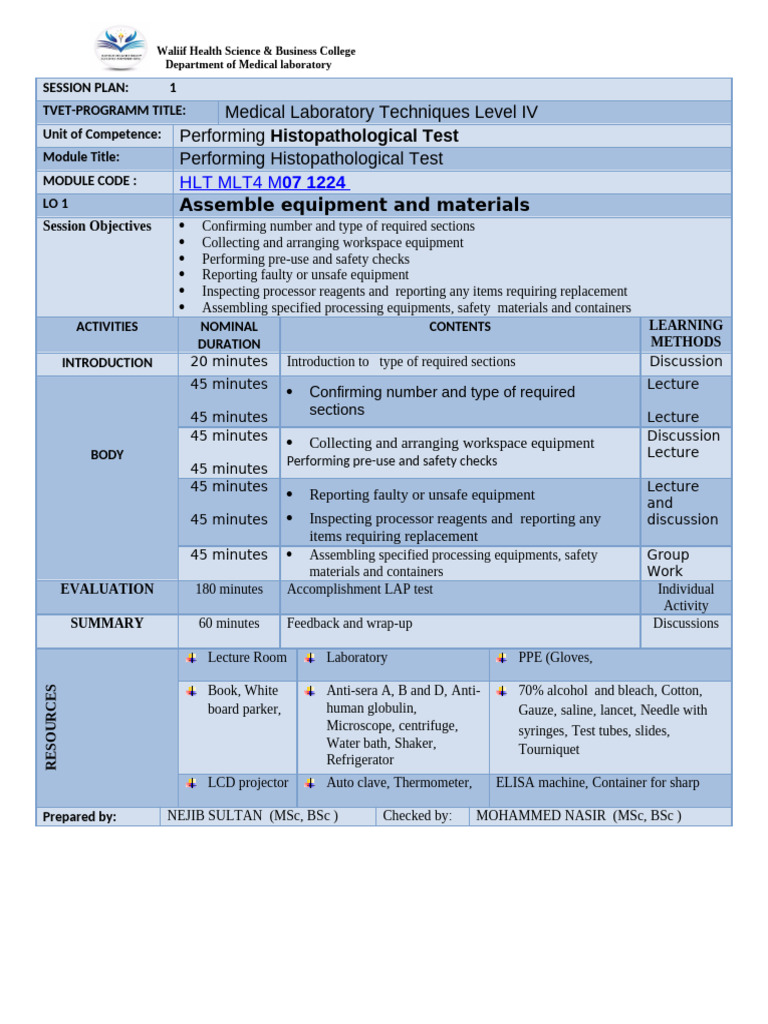 Medical Laboratory Techniques Session Plan | PDF | Histopathology ...