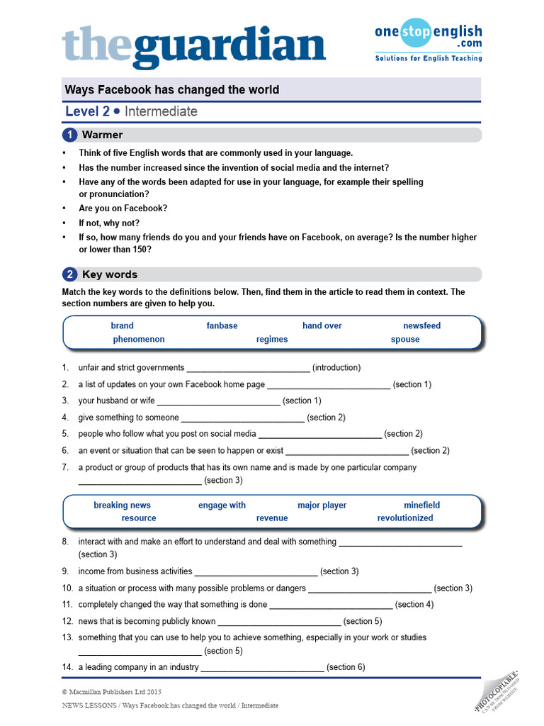 Facebook Weekly News Lesson - Intermediate | PDF | Facebook | Human ...