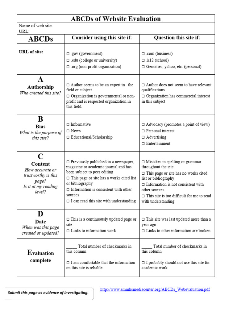 Website Evaluation ABCDs Guide | PDF | Human Communication
