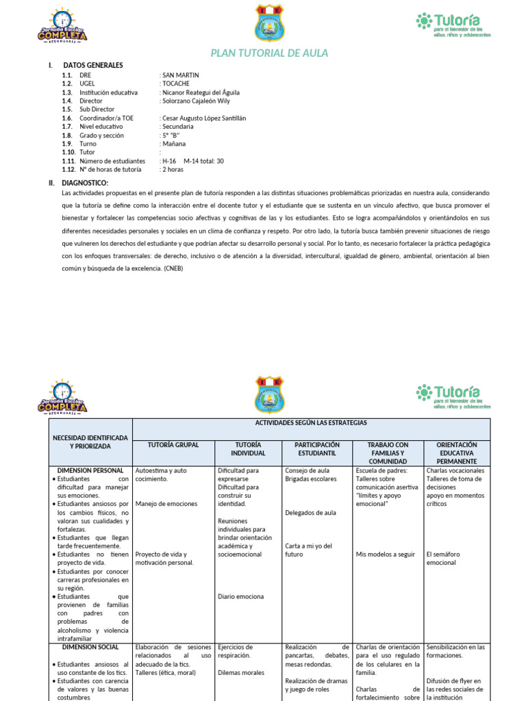 Plan de Tutoría para Secundaria 5° "B" | PDF | Salón de clases | Las ...
