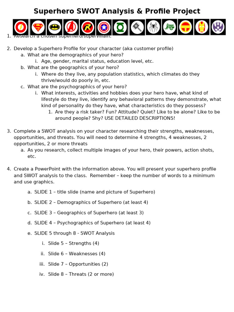 Superhero Profile and SWOT Analysis | PDF | Superheroes | Swot Analysis