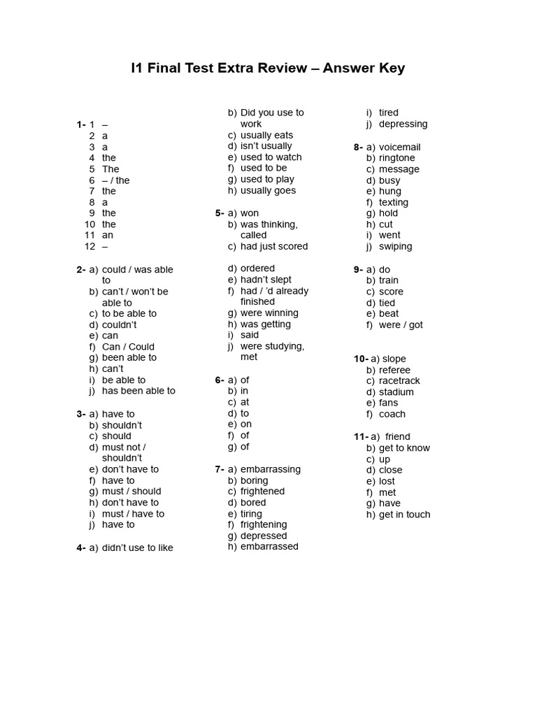 I1 Final Test Extra Review Answer Key | PDF