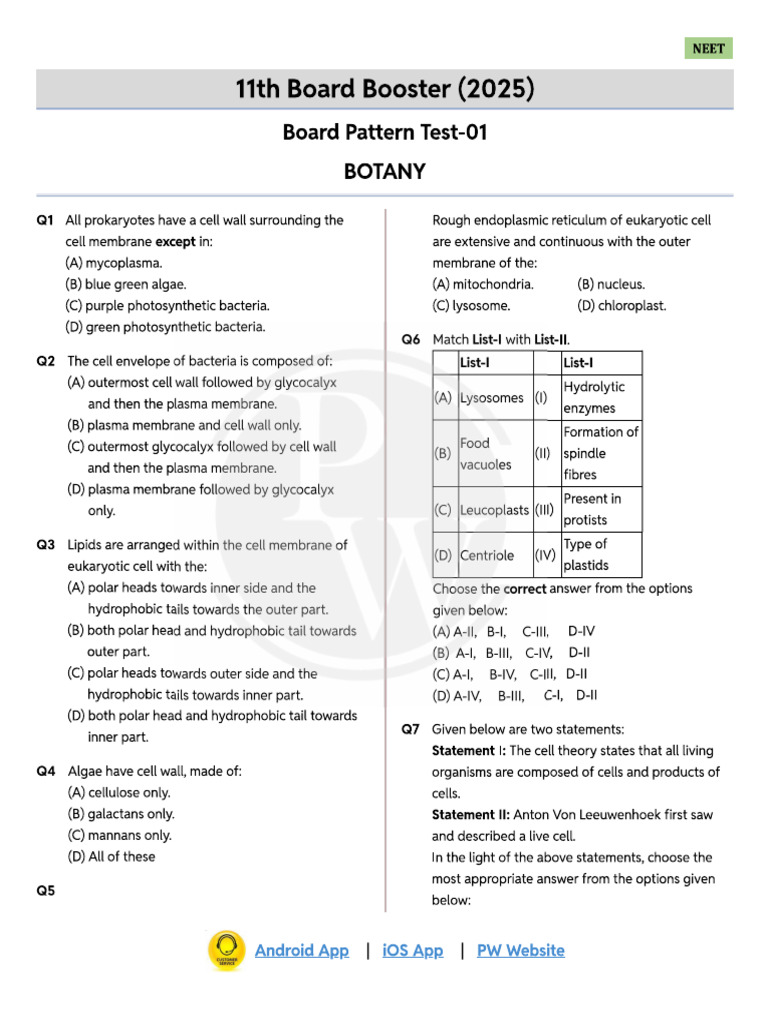 Botany Practice Test 01 - Test Paper & Answer Key | PDF