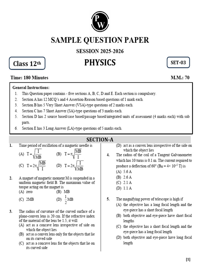 Physics: Sample Question Paper | PDF | Electromagnetic Radiation | P–N ...