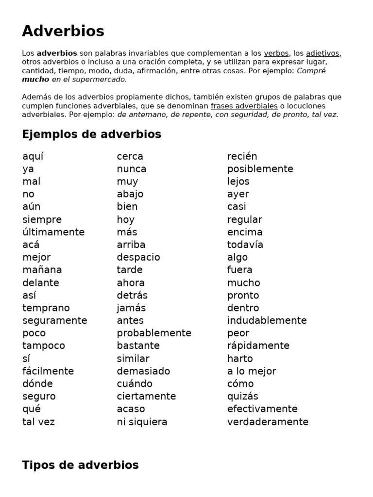 Tipos y ejemplos de adverbios | PDF | Adverbio | Adjetivo