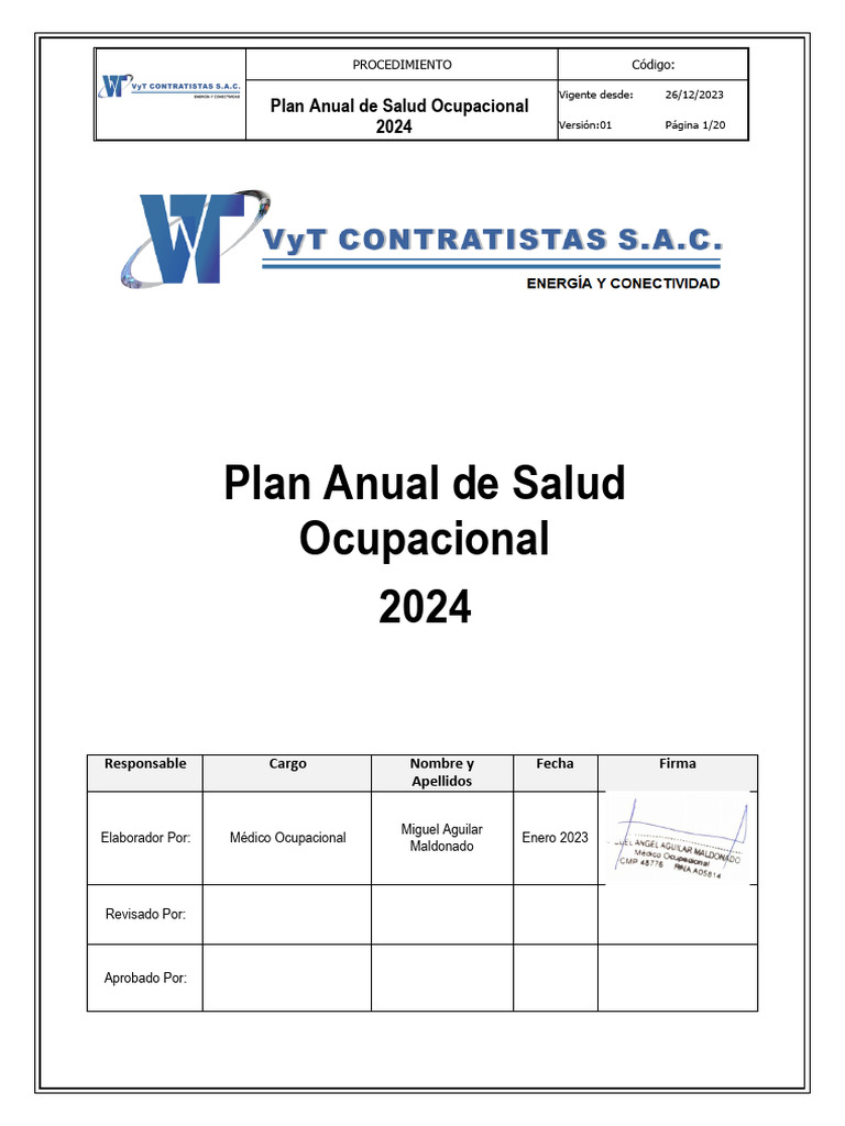Plan Anual de Salud Ocupacional 2024 | PDF | Seguridad y salud ...