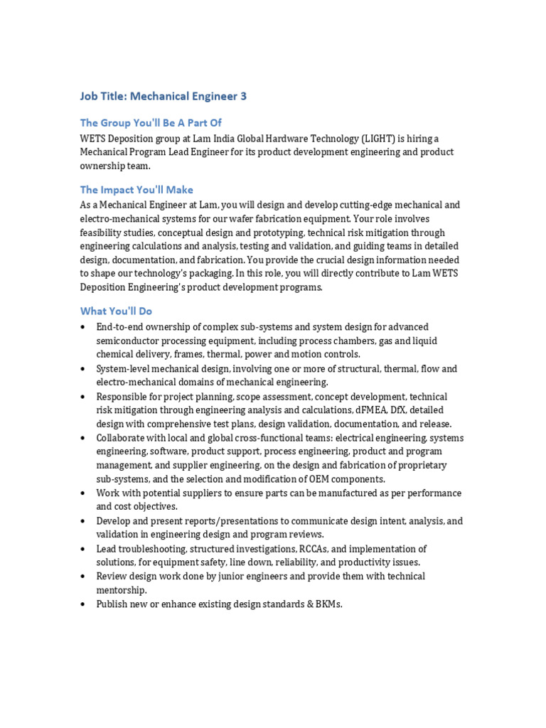 Mechanical Engineer 3 Job at Lam Research | PDF | Semiconductor Device ...