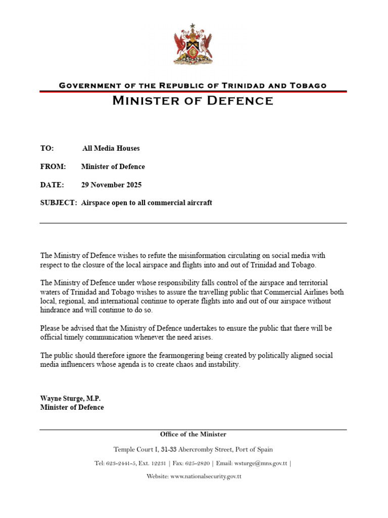 Statement From The Minister of Defence - 29 November 2025 - Airspace ...