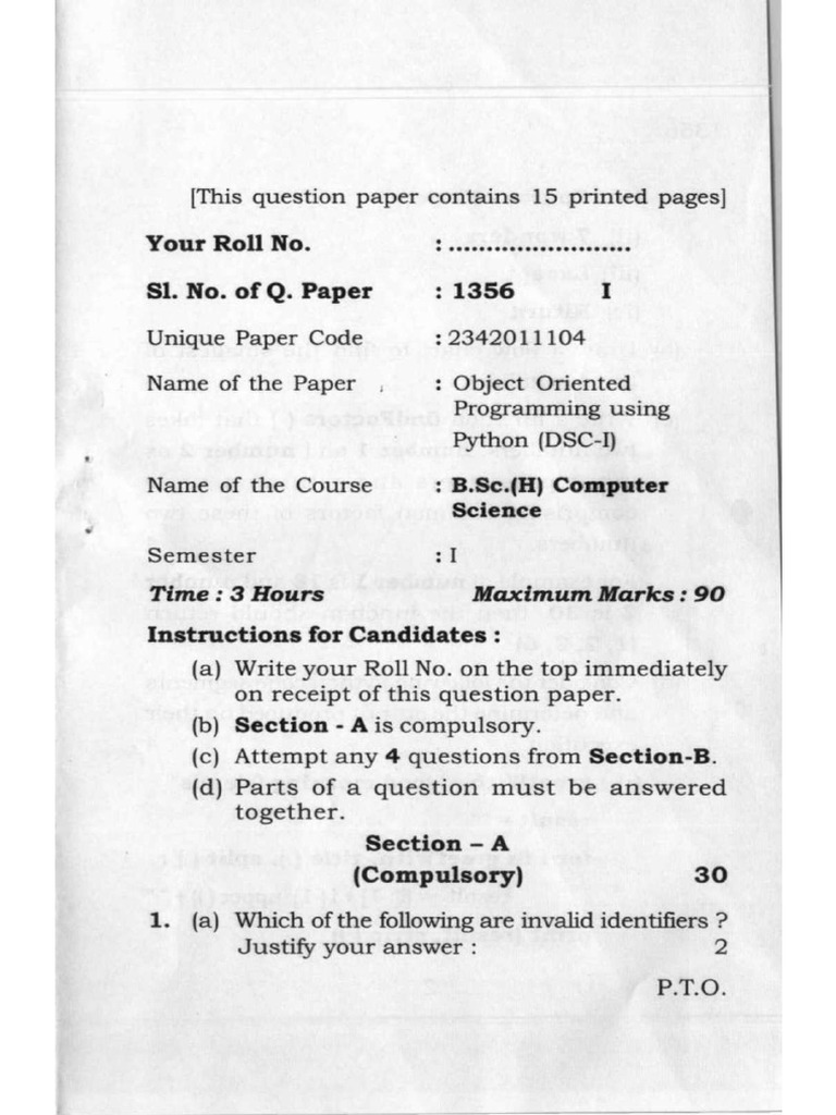 B.sc. (H) Comp Sci - Dsc-01 Oopup Pyq | PDF