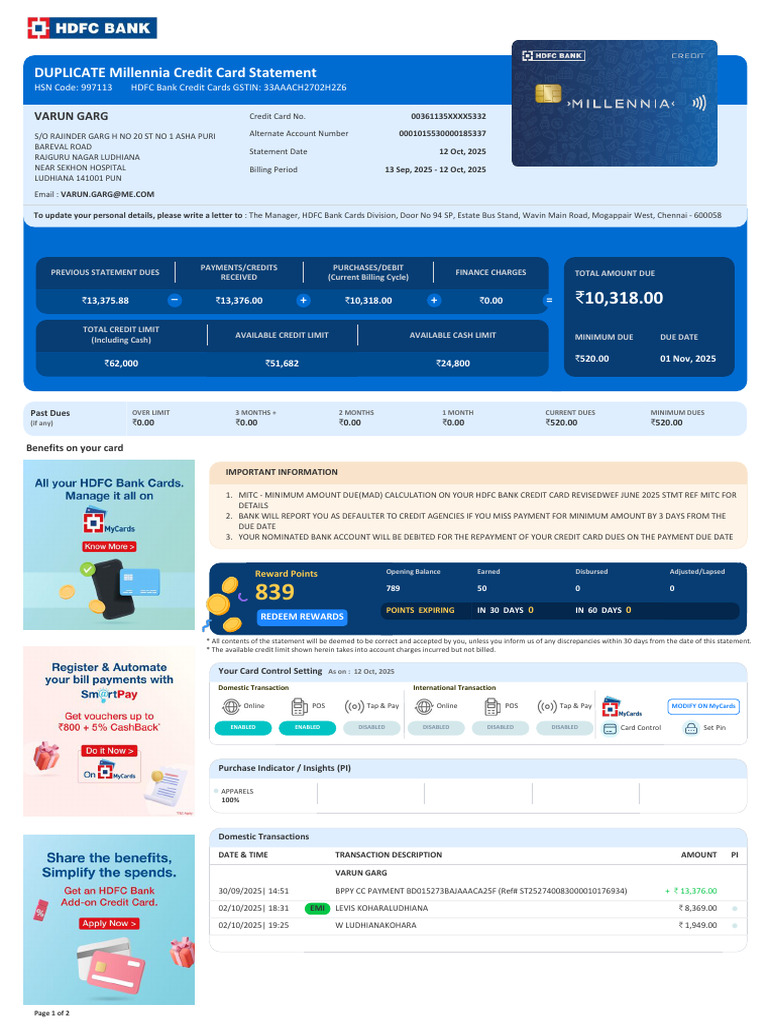 BilledStatements_5332_30-10-25_22.12 | PDF | Credit Card | Service ...