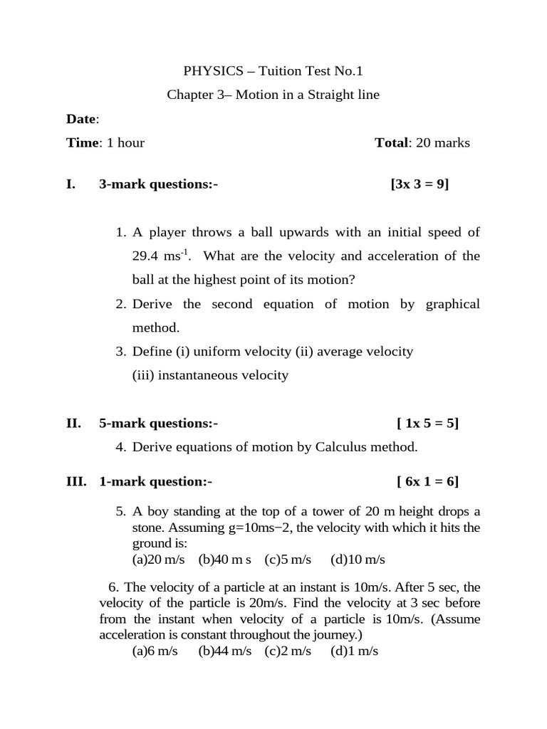 Physics Tuition Test: Motion in a Straight Line | PDF | Velocity ...
