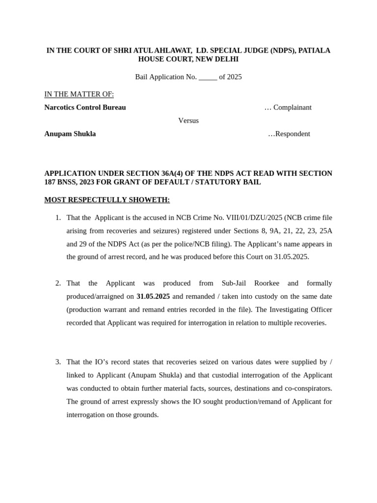 Default Bail Application: Anupam Shukla | PDF | Bail | Arrest